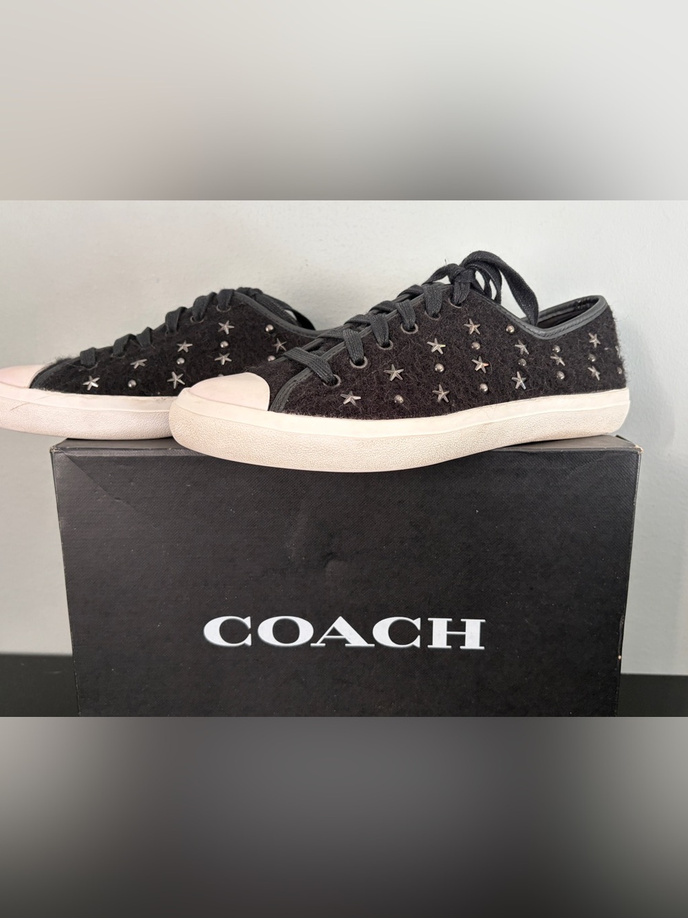 COACH Empire Star Black Wool Signature Canvas Sneakers Low Top Women US 9